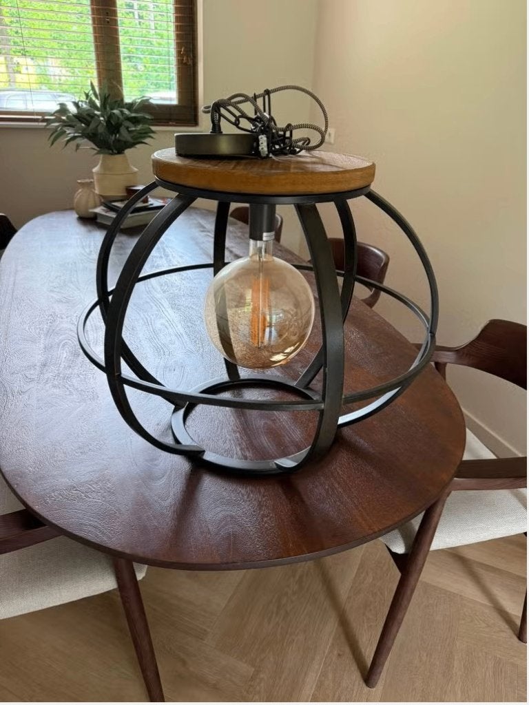 Industriële hanglamp metaal & hout (60cm) incl. LED-lamp, Ophalen, Gebruikt, E27 (groot), Industrieel