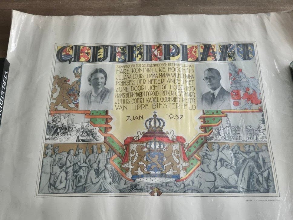 Gedenkplaat Huwelijk Juliana & Bernhard 1937, Ophalen of Verzenden, Gebruikt, Nederland, Overige typen