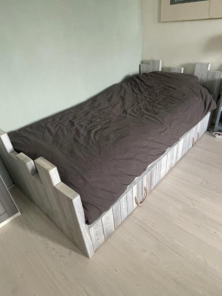 Bed 90x200 jongen grijs met opberglade, 85 tot 100 cm, Gebruikt, 180 cm of meer, Ophalen