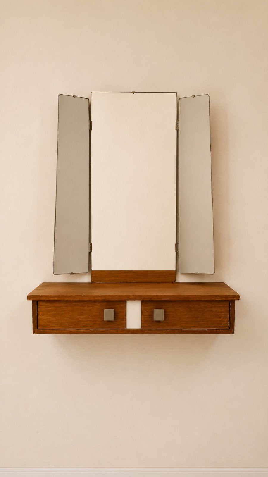 Vintage halspiegel met console en uitklapbare zijspiegels, Gebruikt, Vintage, Minder dan 100 cm, Hout
