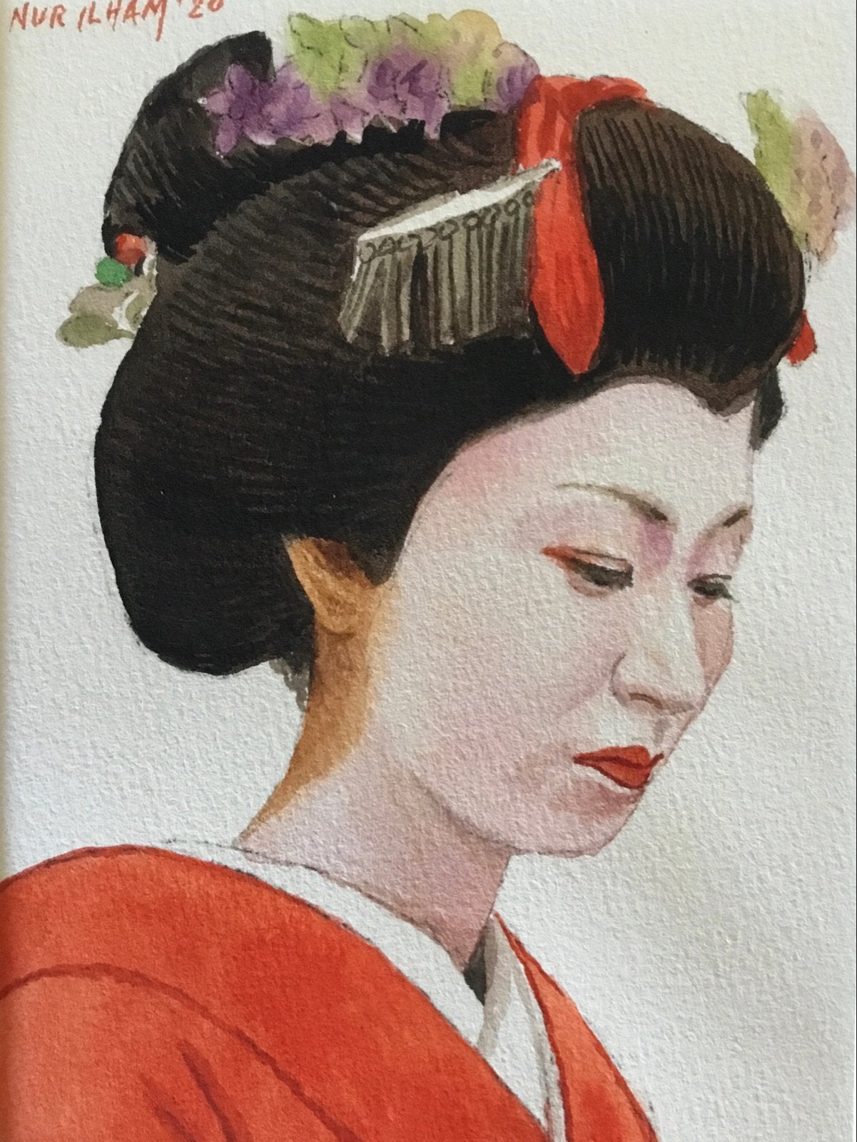 Aquarel van Nur Ilham - Geisha, Antiek en Kunst, Ophalen of Verzenden