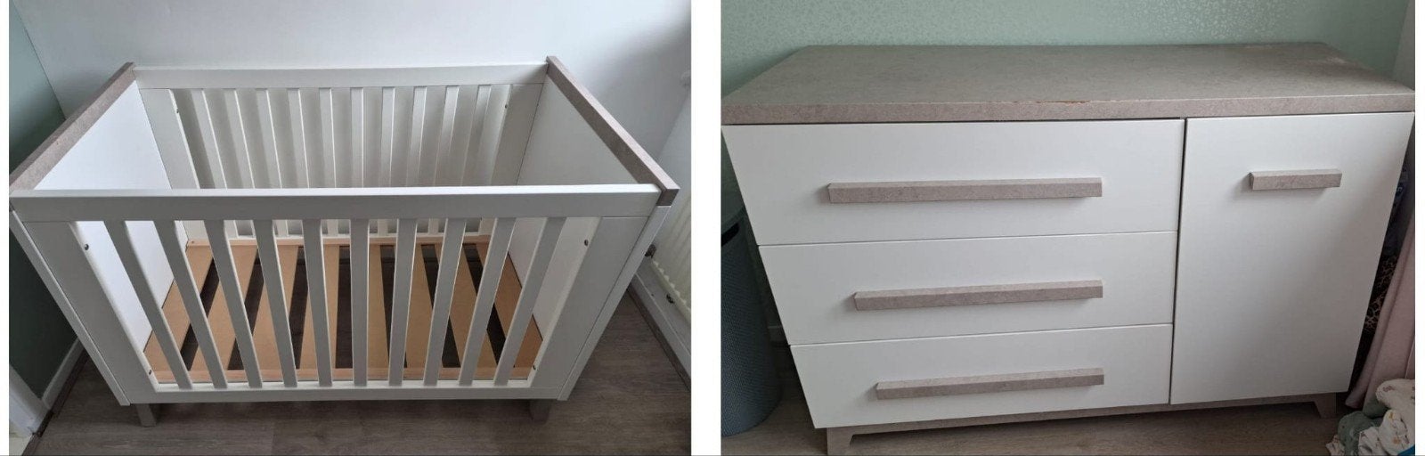 Ledikant en commode wit/grijs, Ophalen, Gebruikt, Lattenbodem, Minder dan 140 cm
