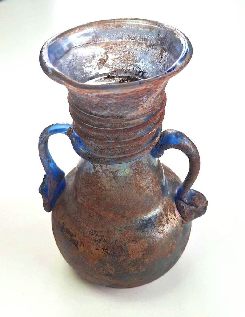 Prachtige Antiek Romeinse Stijl Blauw Iriserend Glas Vaas, Antiek en Kunst, Ophalen of Verzenden