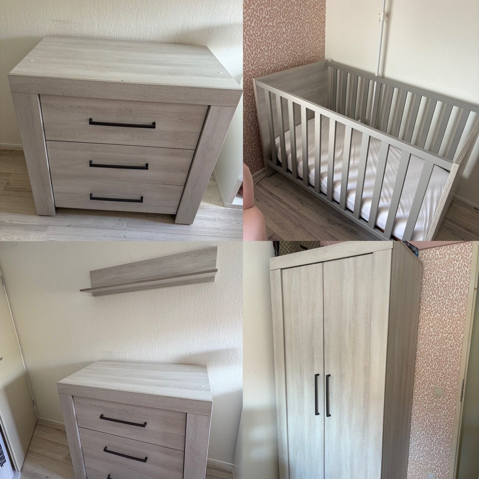 Complete Babykamer Set: Ledikant, Kast, Plank + Commode, Ophalen, Gebruikt, 75 tot 100 cm, Minder dan 50 cm