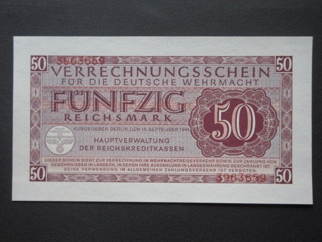 50 Reichsmark 1944 Duitsland Wehrmacht Legergeld WW2 (01), Ophalen of Verzenden, Duitsland, Los biljet