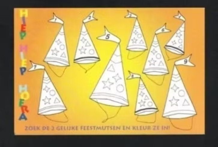 Ansichtkaart Puzzel Zoek de twee gelijke Feestmutsen, Ophalen of Verzenden, 1980 tot heden, Ongelopen, Overige thema's