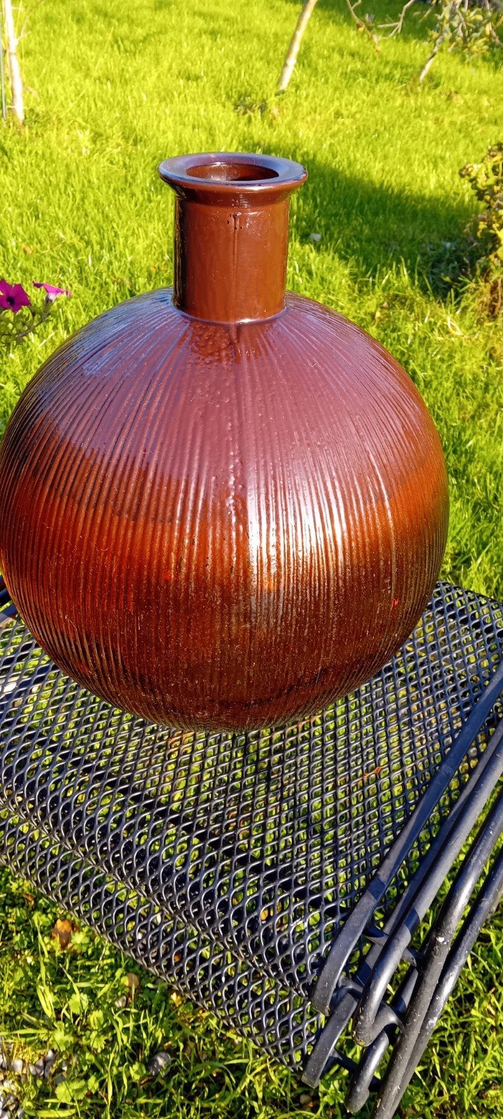 Vintage Spaanse Bruine Ribbel Glasvaas - Bolle Buik, Ophalen of Verzenden