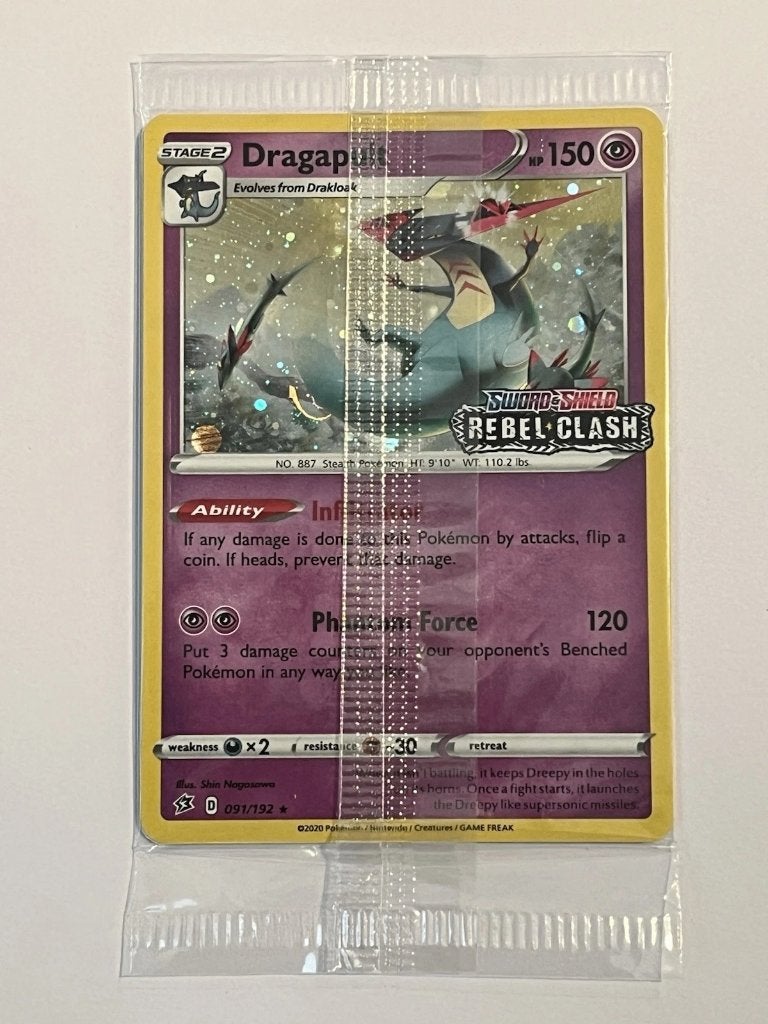 Dragapult Pokemon Stamped Promo 091/192 Rebel Clash Holo, Ophalen of Verzenden, Zo goed als nieuw, Losse kaart, Foil