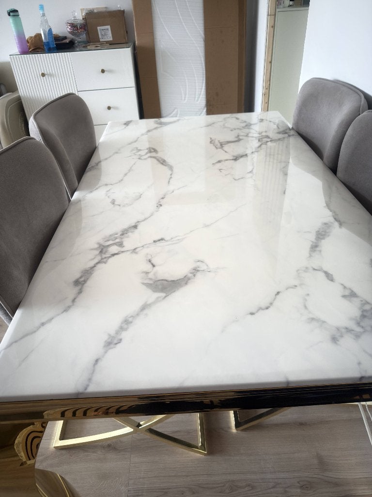 Marmeren eettafel met gouden poten + 4 stoelen – bieden, Ophalen, Gebruikt, 4 tot 6 stoelen