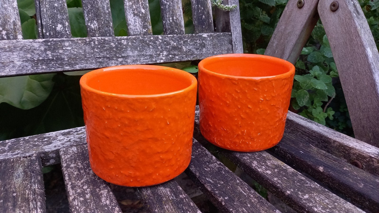 3 vintage / retro oranje bloempotten, gebruikt, Ophalen