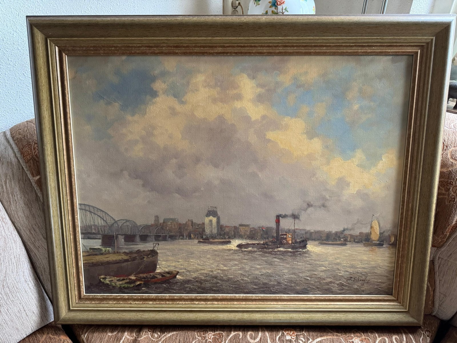 Jan Schaeffer - De Maas bij Rotterdam, Antiek en Kunst, Ophalen, Maritiem / water, Doek, Realistisch