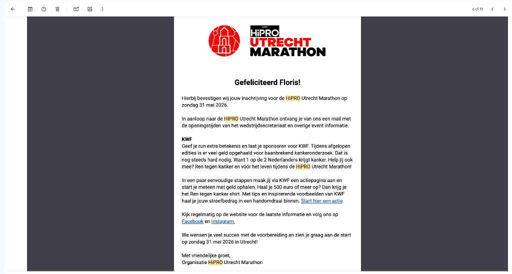 Halve marathon Utrecht startbewijs €40, Eén persoon, Mei