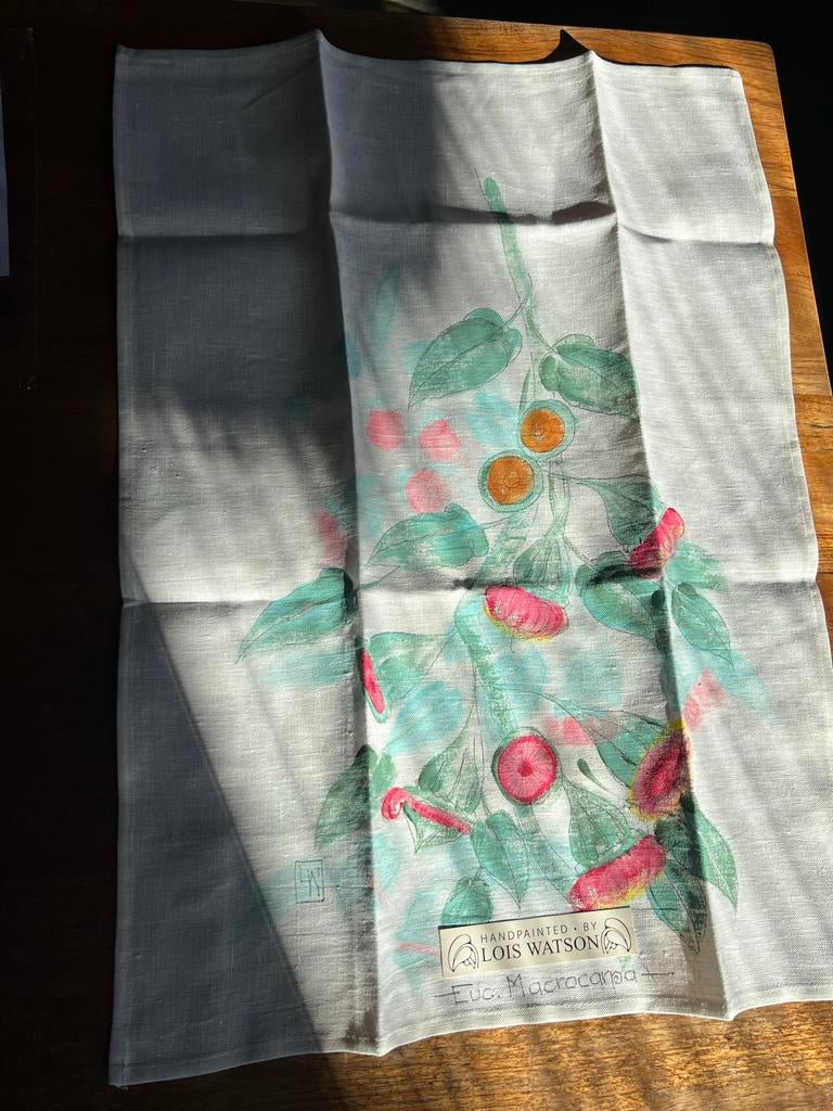 Handgeschilderde theedoek met bloemen, Verzenden, Gebruikt, Wit, Theedoek of Handdoek
