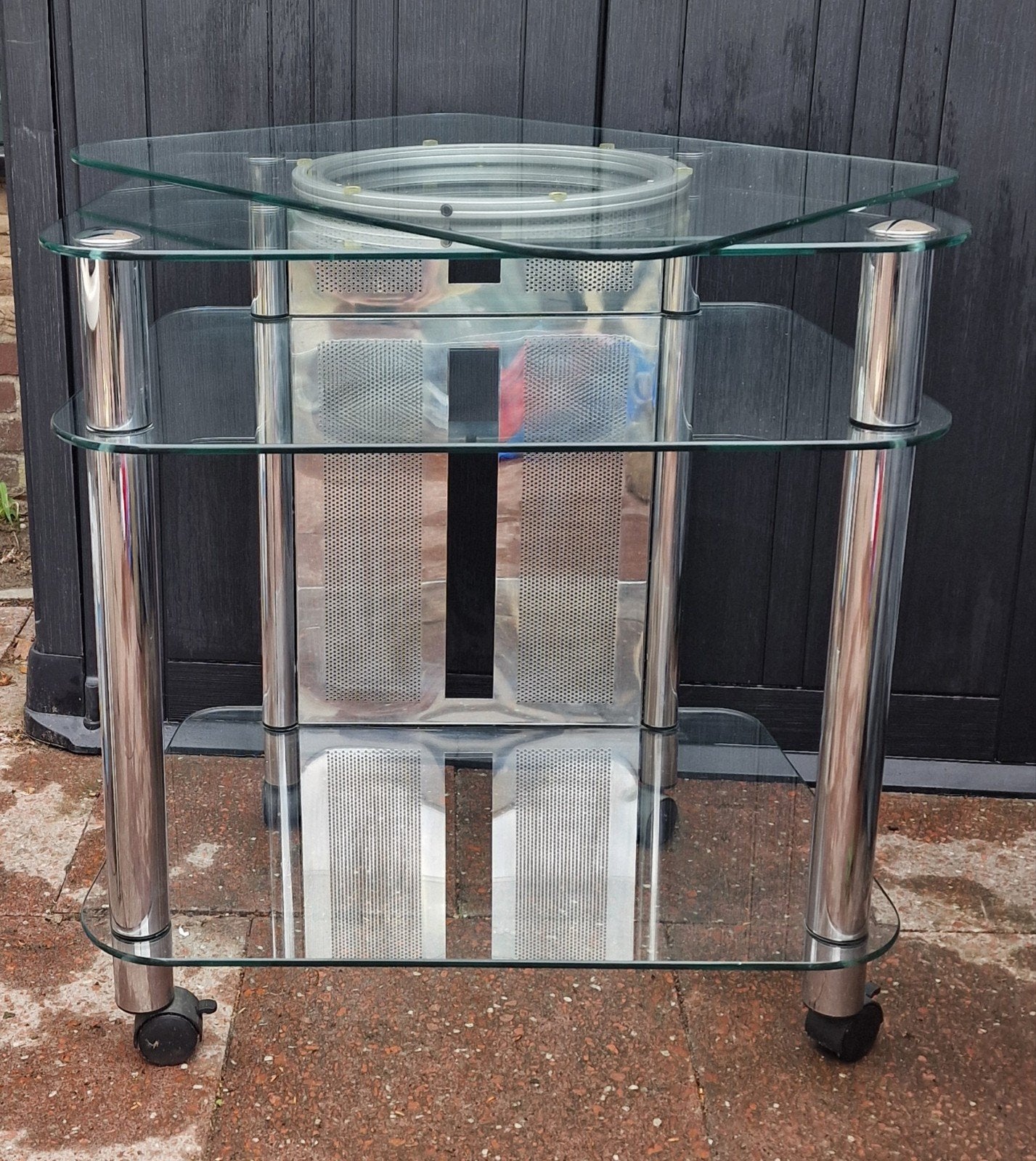 Glazen tv-meubel met draaiplateau en met wieltjes, Ophalen, 50 tot 100 cm, Minder dan 100 cm, Metaal