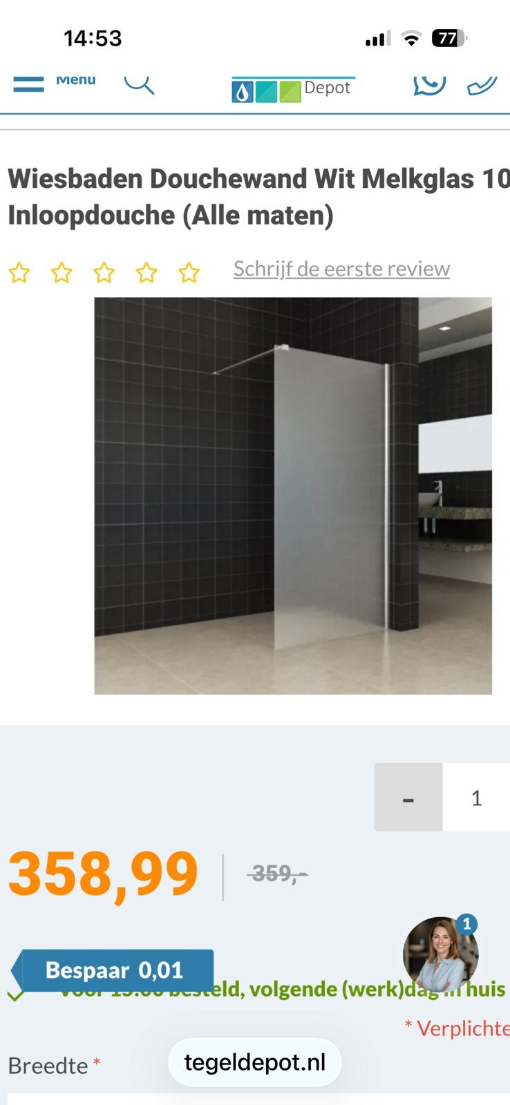 Wiesbaden douchewand wit melkglas 10 mm dik 100x200 cm, Ophalen of Verzenden, Nieuw, Chroom, Douche