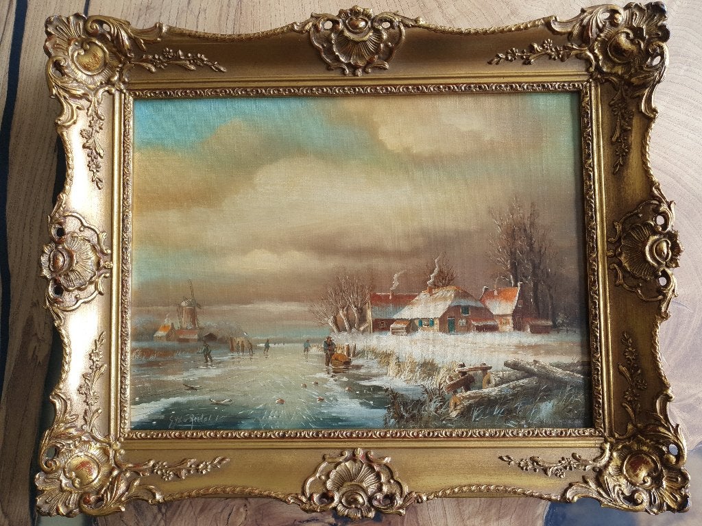 Olieverf Winterlandschap, Antiek en Kunst, Ophalen, Doek, Bijzondere lijst, Landschap