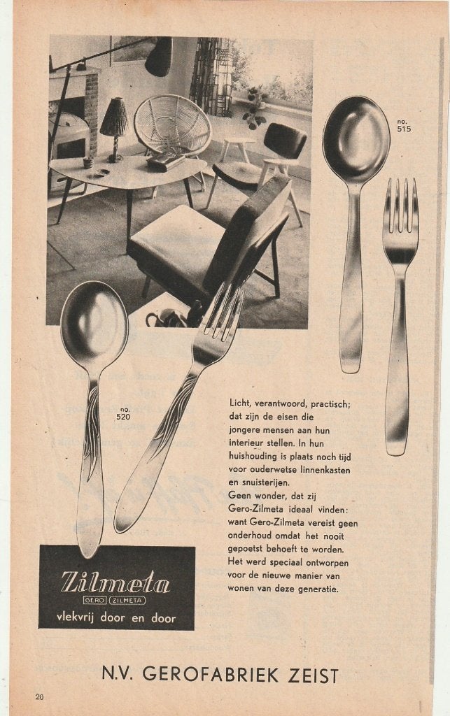 Retro reclame 1956 Gero Zilmeta Zeist bestek & interieur, Verzenden, Overige typen