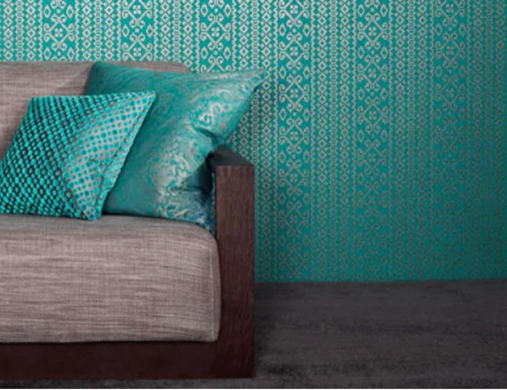 Behang,turquoise met metallic glans, NU per rol voor, Huis en Inrichting, Stoffering | Behang, Ophalen, 75 m² of meer, Blauw,  hotel chique, modern, luxe interieur, kleurrijke interieurs.