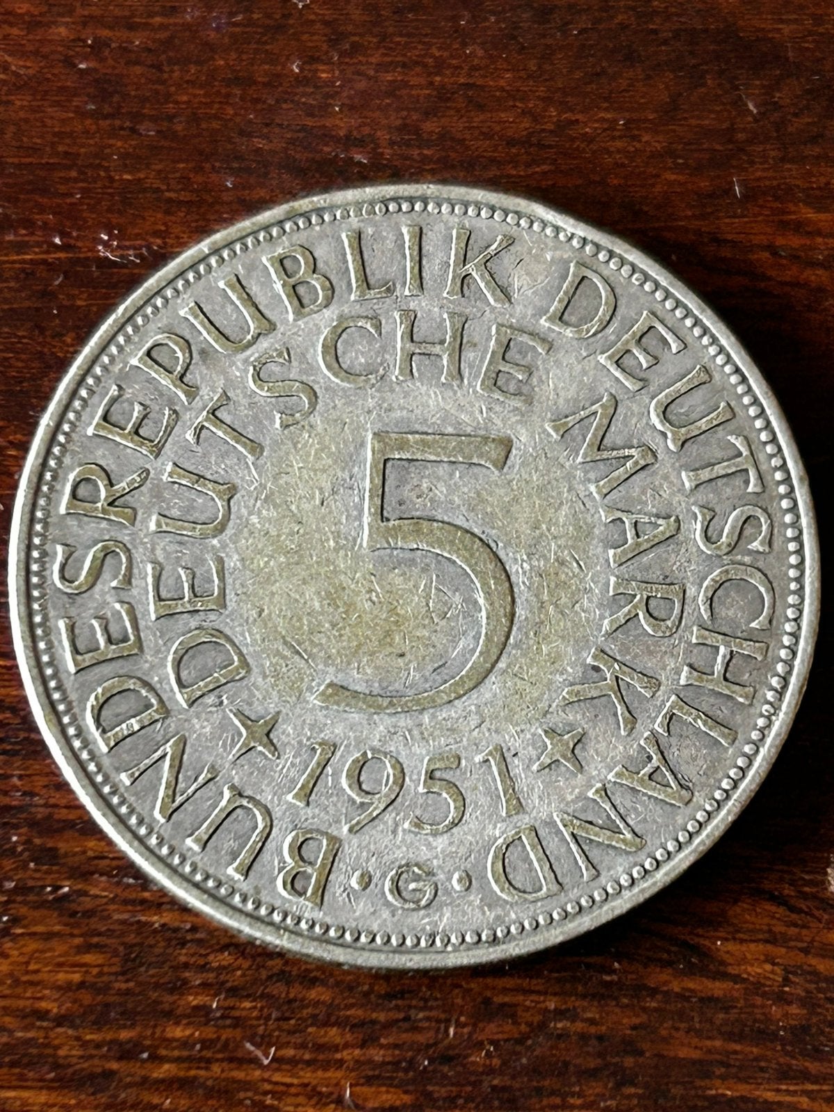 Zeer schaarse zilveren 5 Deutsche Mark 1951 met muntteken G, Ophalen of Verzenden, Duitsland, Zilver
