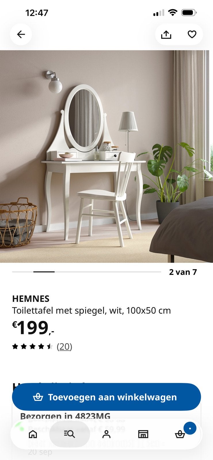 IKEA HEMNES Toilettafel met spiegel, wit, 100x50 cm, Ophalen, 50 tot 100 cm, Zo goed als nieuw, 150 tot 200 cm