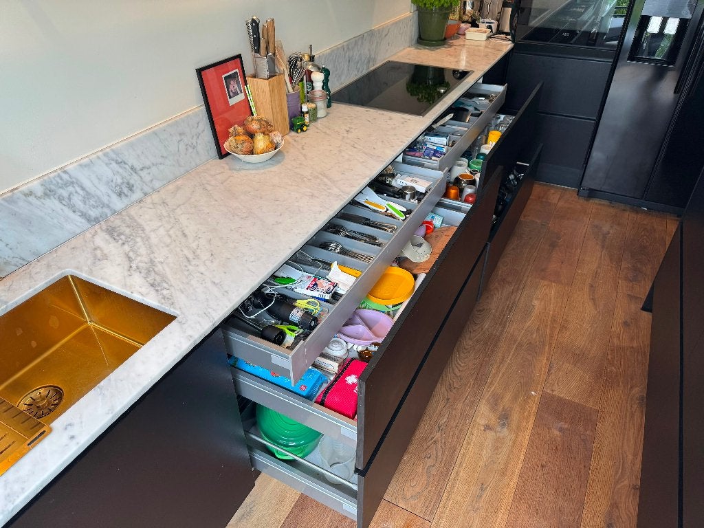 Luxe moderne eilandkeuken met Carrara marmer GEDEMONTEERD, Zwart, Overige typen, Ophalen of Verzenden, Zo goed als nieuw