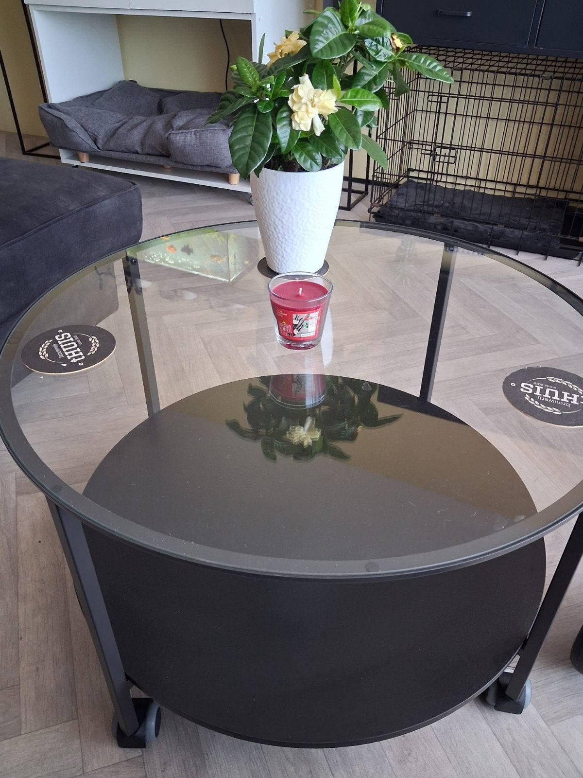 salontafel met glasplaat, Rond, Ophalen, 45 tot 60 cm, Glas