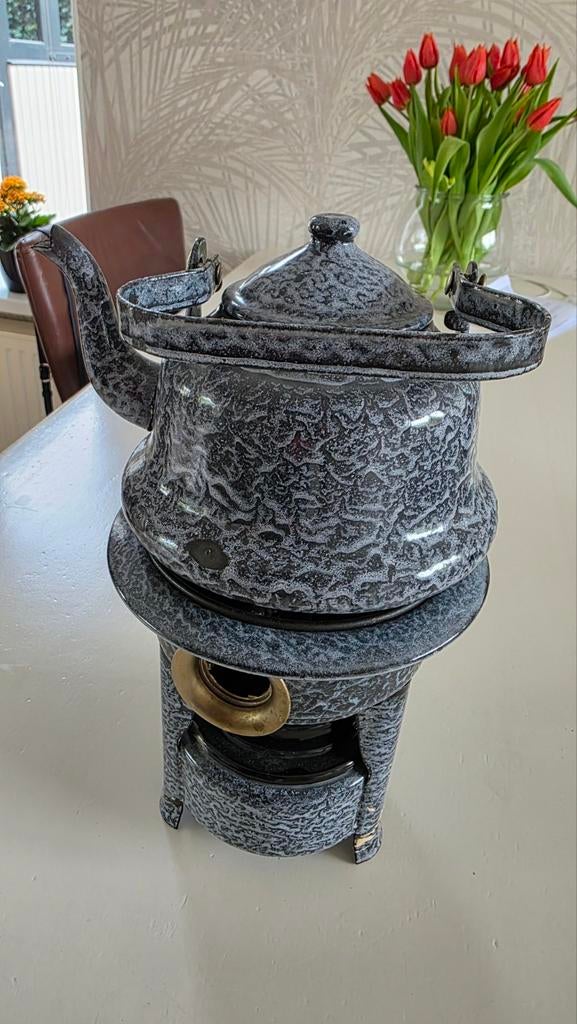 Vintage geëmailleerde wolkjes theepot met petroleumbrander, Ophalen of Verzenden