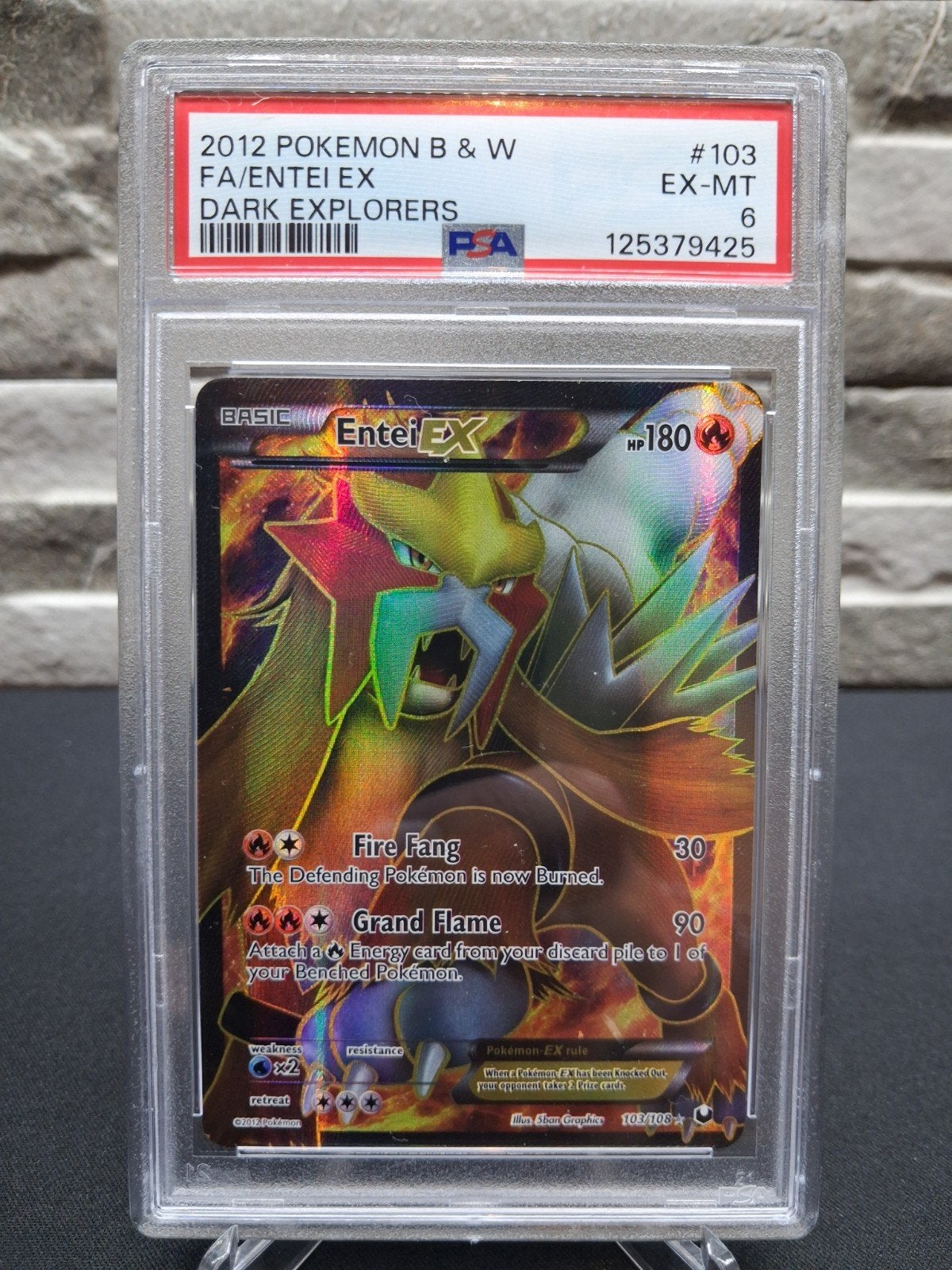 Pokémon Entei EX PSA 6 - Dark Explorers 2012, Ophalen of Verzenden, Gebruikt, Losse kaart