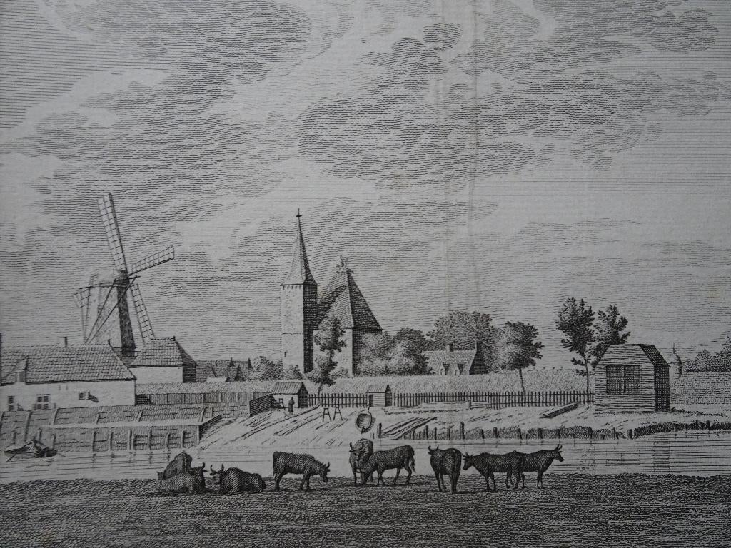gravure lang zicht op Tholen, JC Philips Tirion 1752, Verzenden, Stadsgezicht, Gravure, Origineel