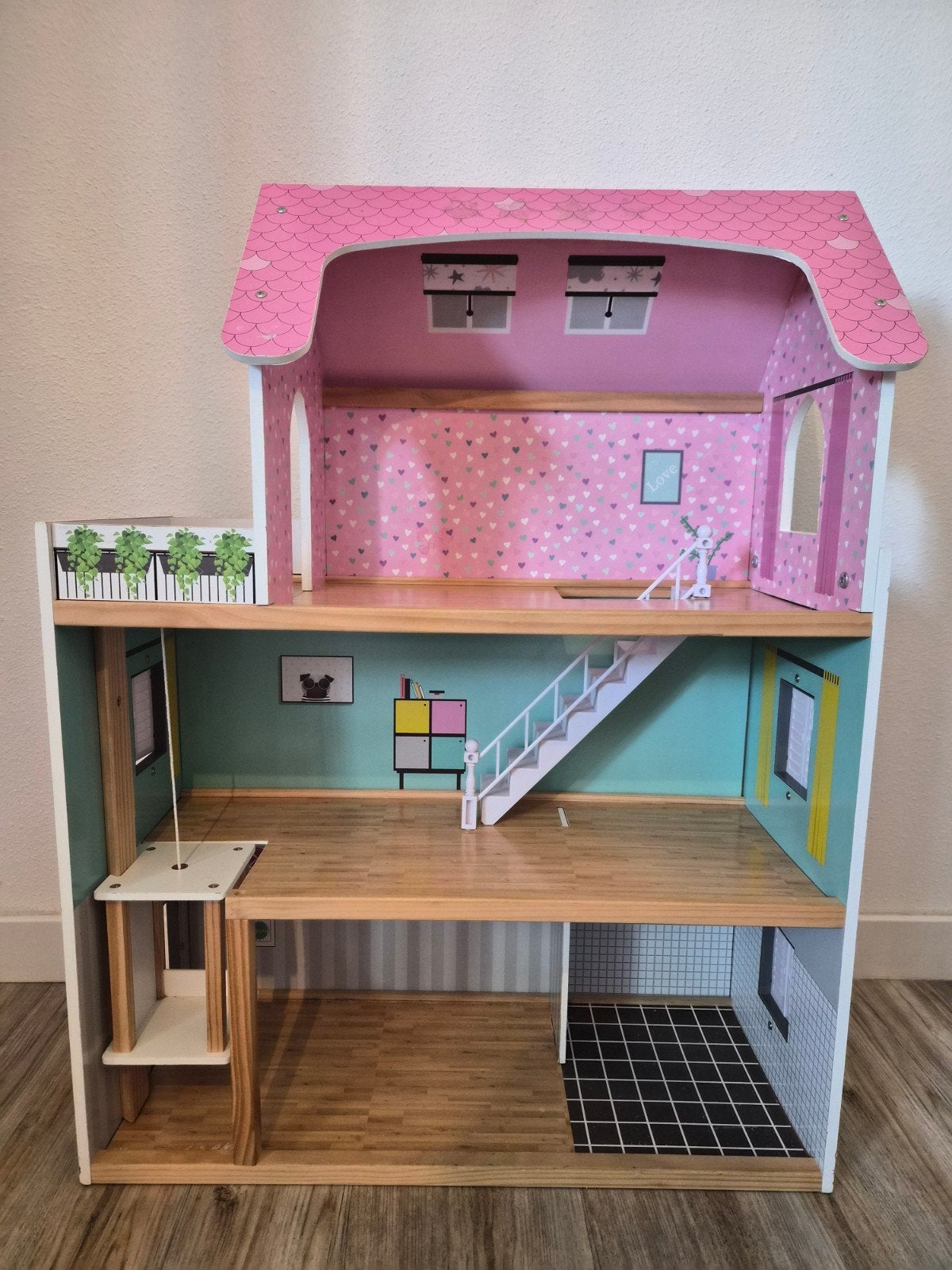 Lidl Poppenhuis hout met werkende lift via draaiknop, Ophalen, Gebruikt, Poppenhuis