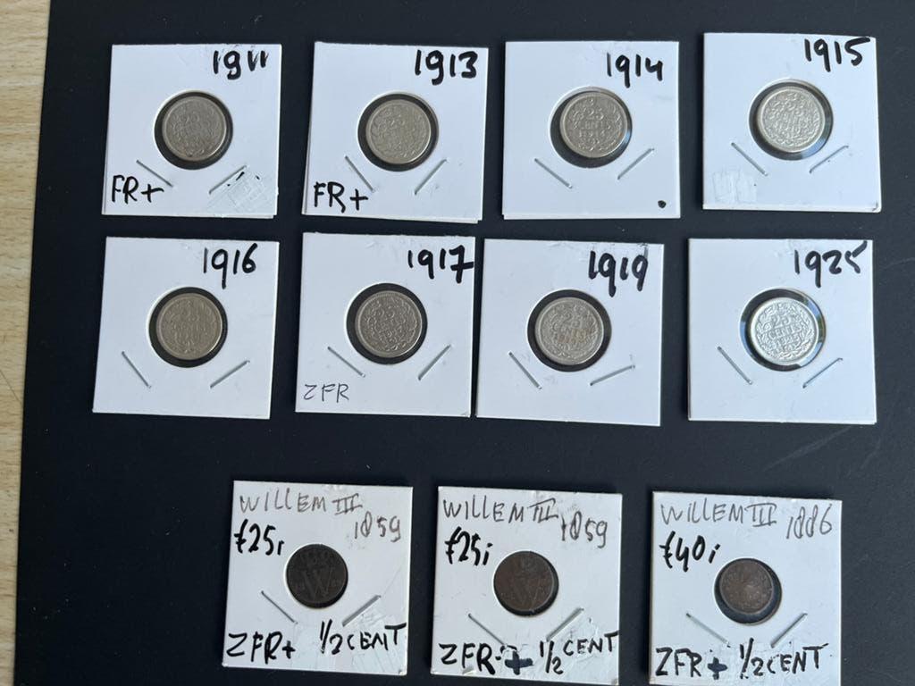 WILHELMINA  8 OUDE 25 CENT +3 OUD ½ CENTEN  WILLEM 3, Zilver, 25 cent, Koningin Wilhelmina, Verzenden