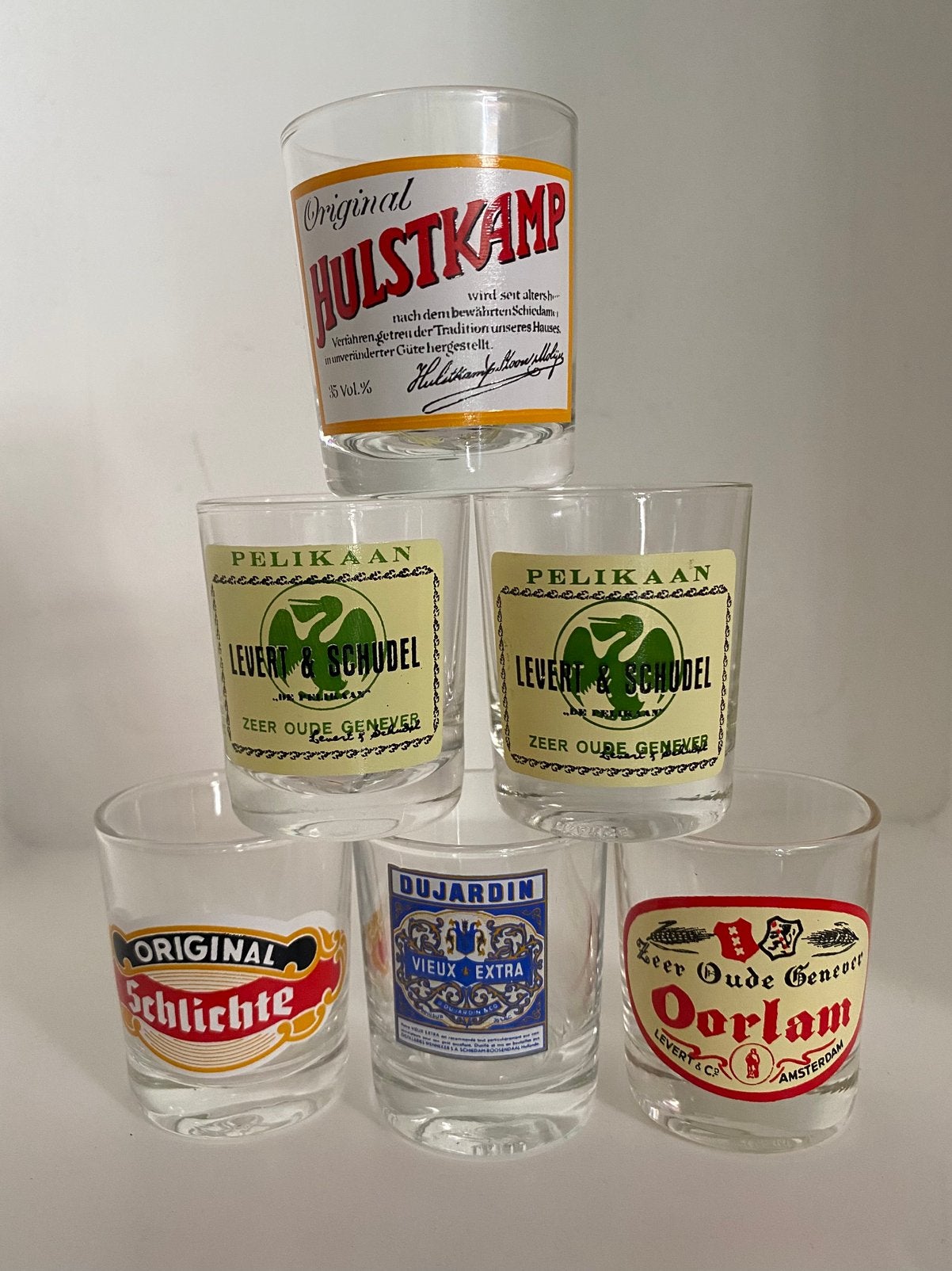 6 Borrelglaasje (5 verschillende). Hoogte 5 cm., Ophalen of Verzenden, Zo goed als nieuw, Borrel- of Shotglas