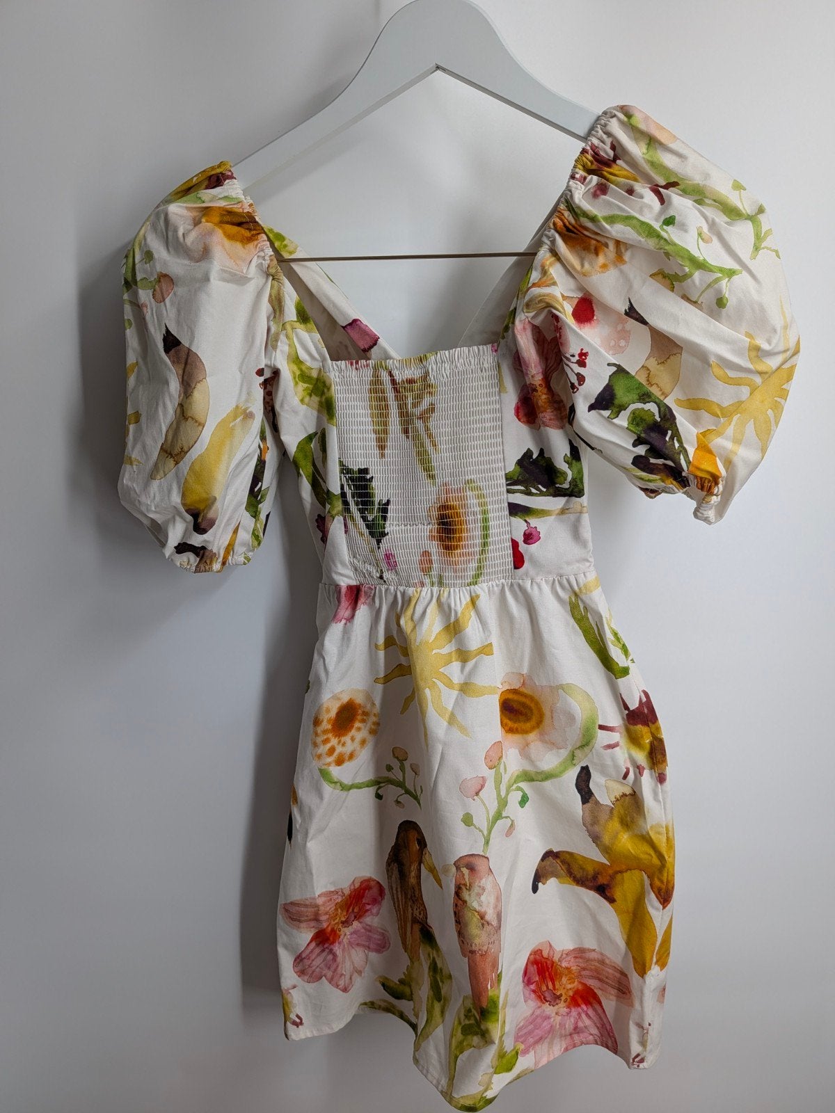 H&M Zomerjurk met vogelprint en pofmouwen - Maat XS, Kleding | Dames, H&M, Wit, Ophalen of Verzenden, Zo goed als nieuw
