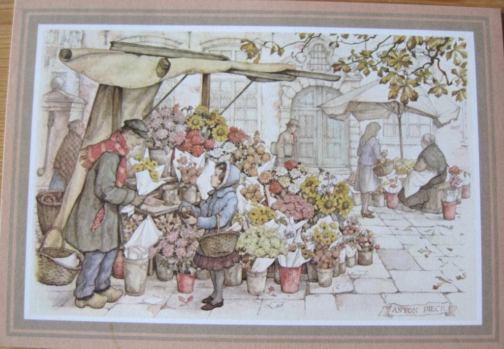 Anton Pieck prentje van meisje bij een bloemenstal, Verzamelen, 1980 tot heden, Ophalen of Verzenden, Zo goed als nieuw, Prent