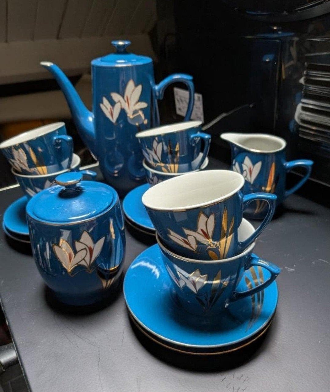 Vintage Chinees theeservies - Diepblauw met bloemmotief, Ophalen