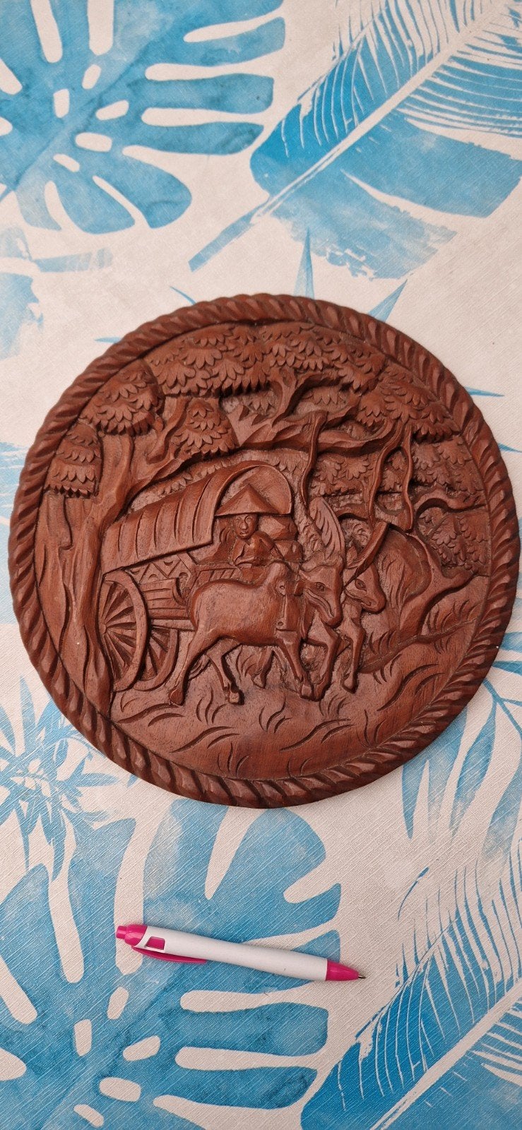 Houten wanddecoratie: Ossenkar in reliëf, Ophalen of Verzenden, Handgemaakt, Wanddecoratie, 20 - 50 cm