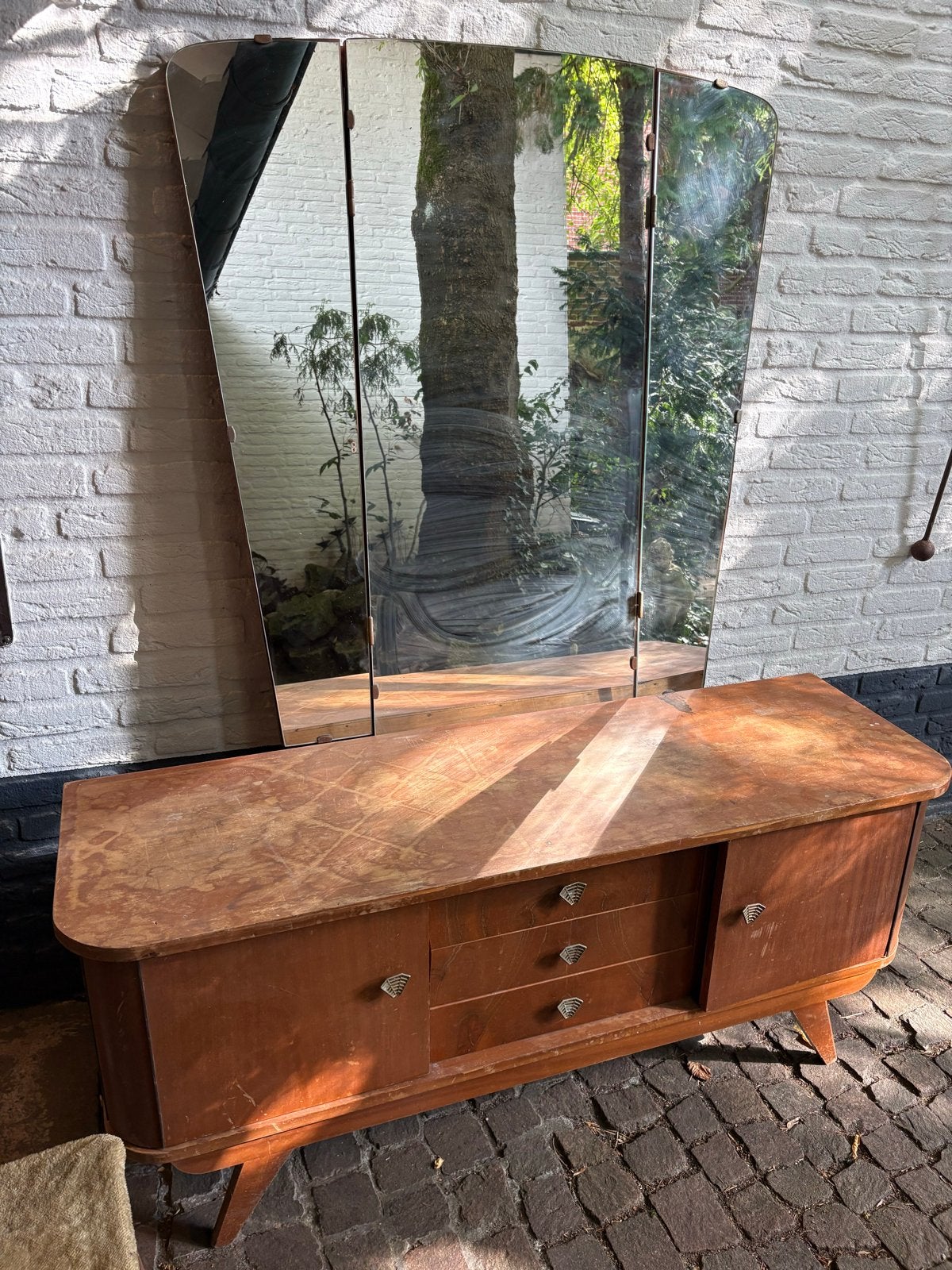 Vintage Houten Kaptafel Jaren '50/'60 met Drieluik Spiegel, Huis en Inrichting, Ophalen, Gebruikt, 100 tot 150 cm, 50 tot 100 cm