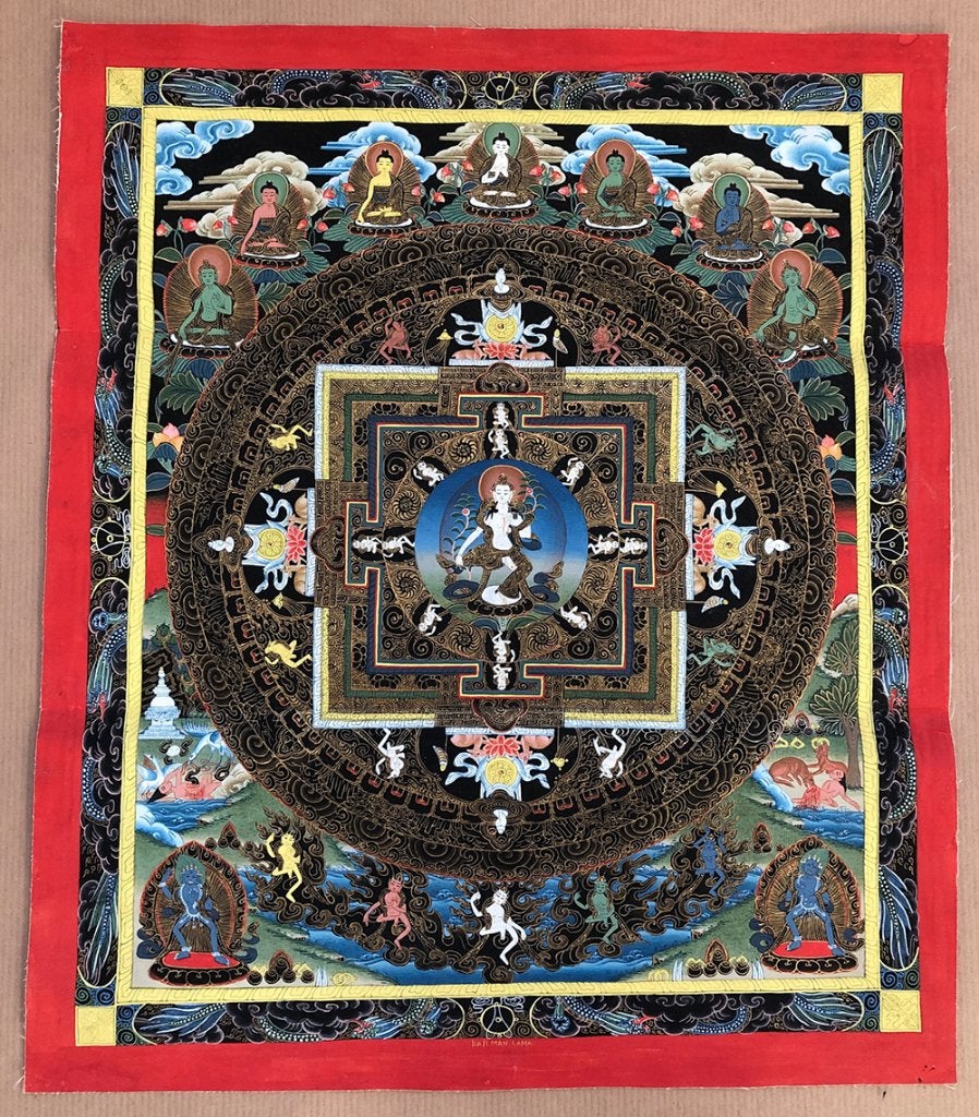 Handgeschilderde thangka mandala – Tibetaanse/Nepalese stijl, Tibet, Schilderij, 38 cm, Meerkleurig