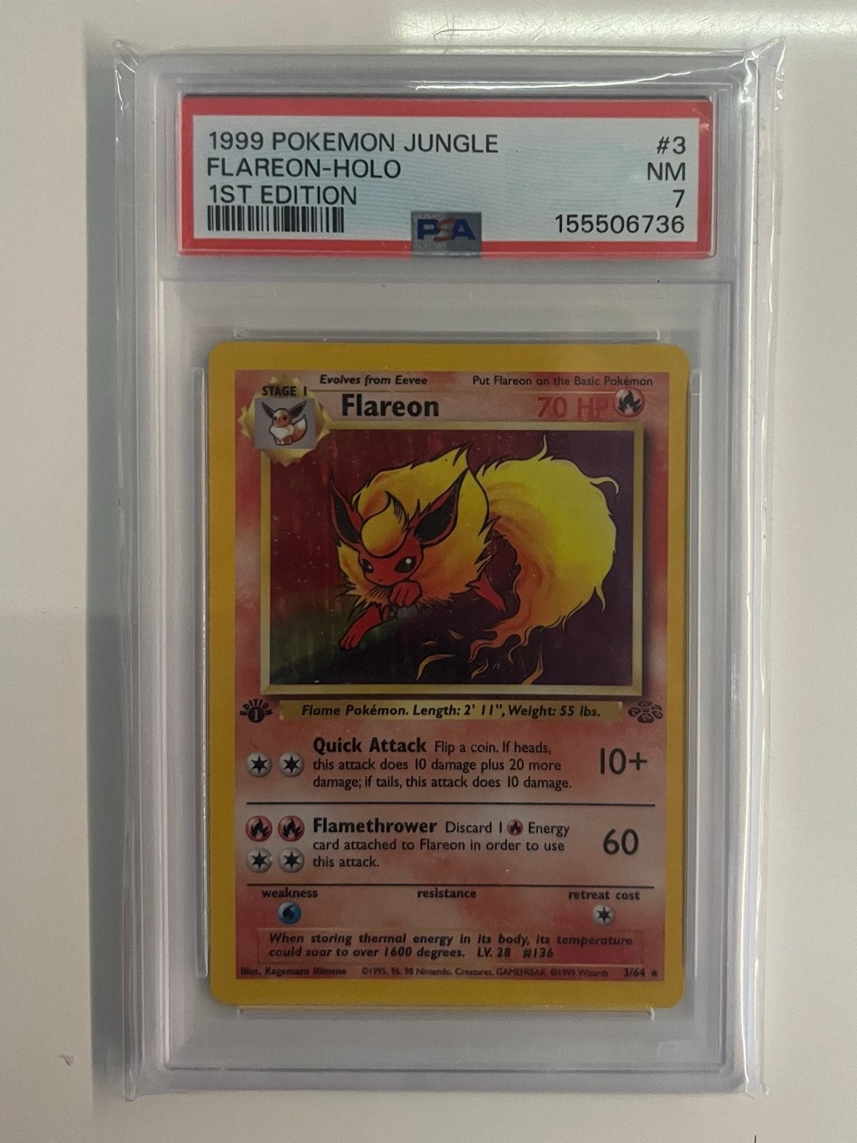 Flareon 3/64 - 1st Edition - Jungle - PSA 7, Hobby en Vrije tijd, Ophalen of Verzenden, Zo goed als nieuw, Losse kaart, Foil