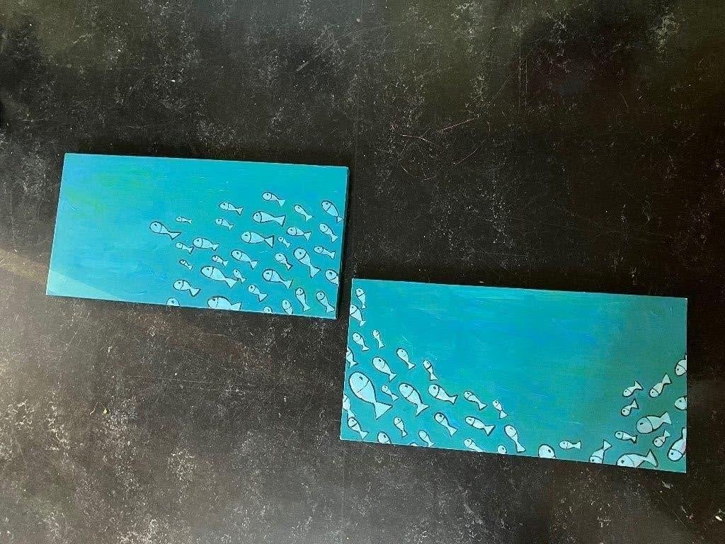2 Schilderijen van vissen op zee: acryl op doek: 15,-, Ophalen, Acrylverf, Dieren, Overige materialen