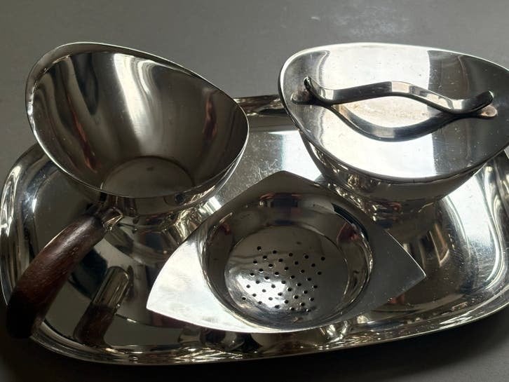 Vintage verzilverde melk en suikerset met houten handvat, Ophalen of Verzenden