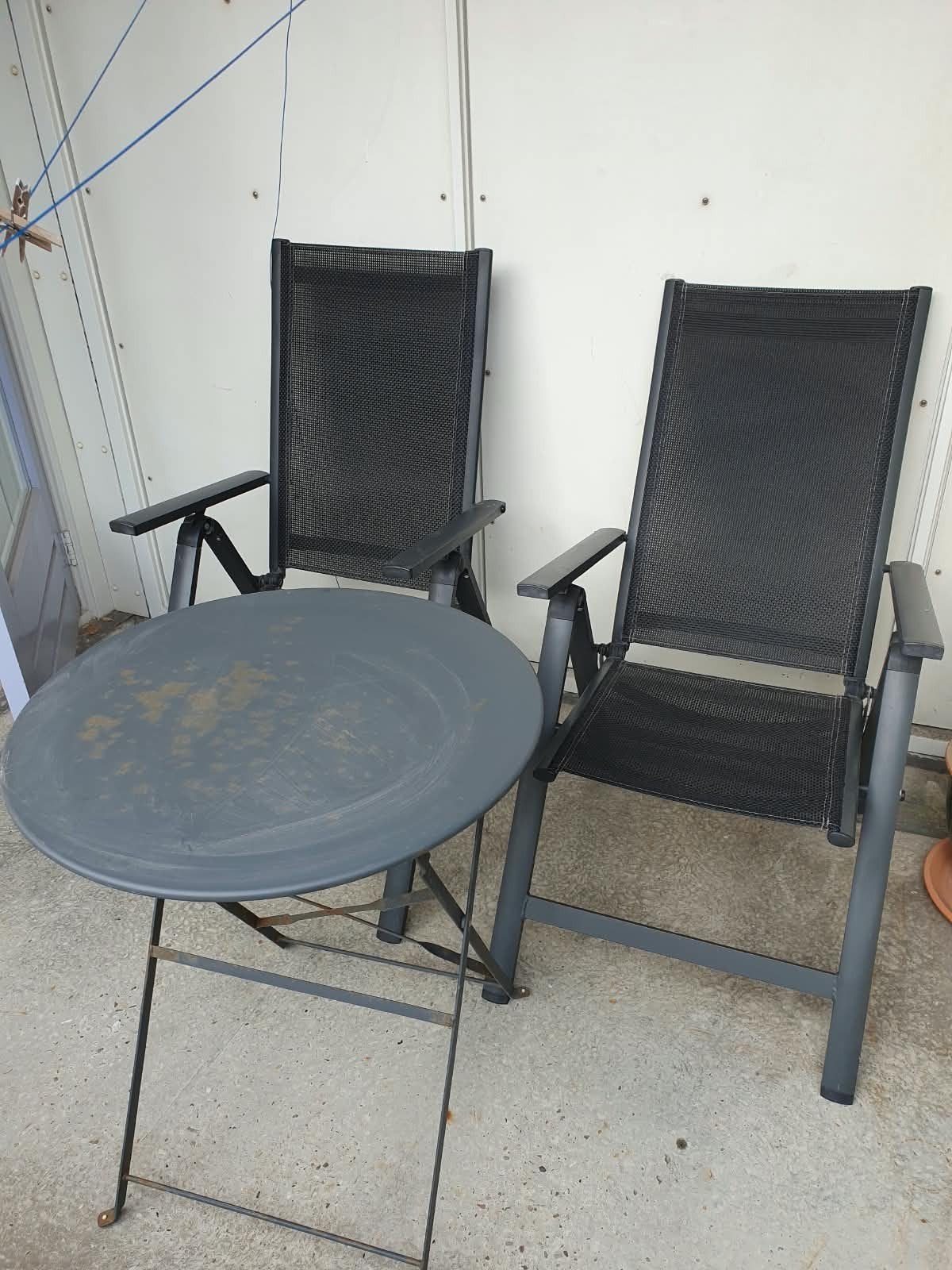 Tuinset: 2 stoelen en inklapbare tafel, Ophalen, Gebruikt, Metaal, Inklapbaar
