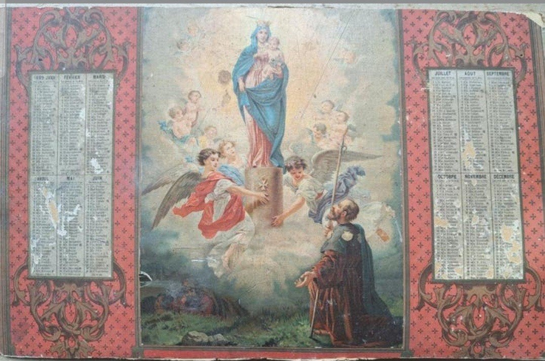 Grote antieke religieuze kalender 1889- Maria, Kind/Engelen, Ophalen of Verzenden