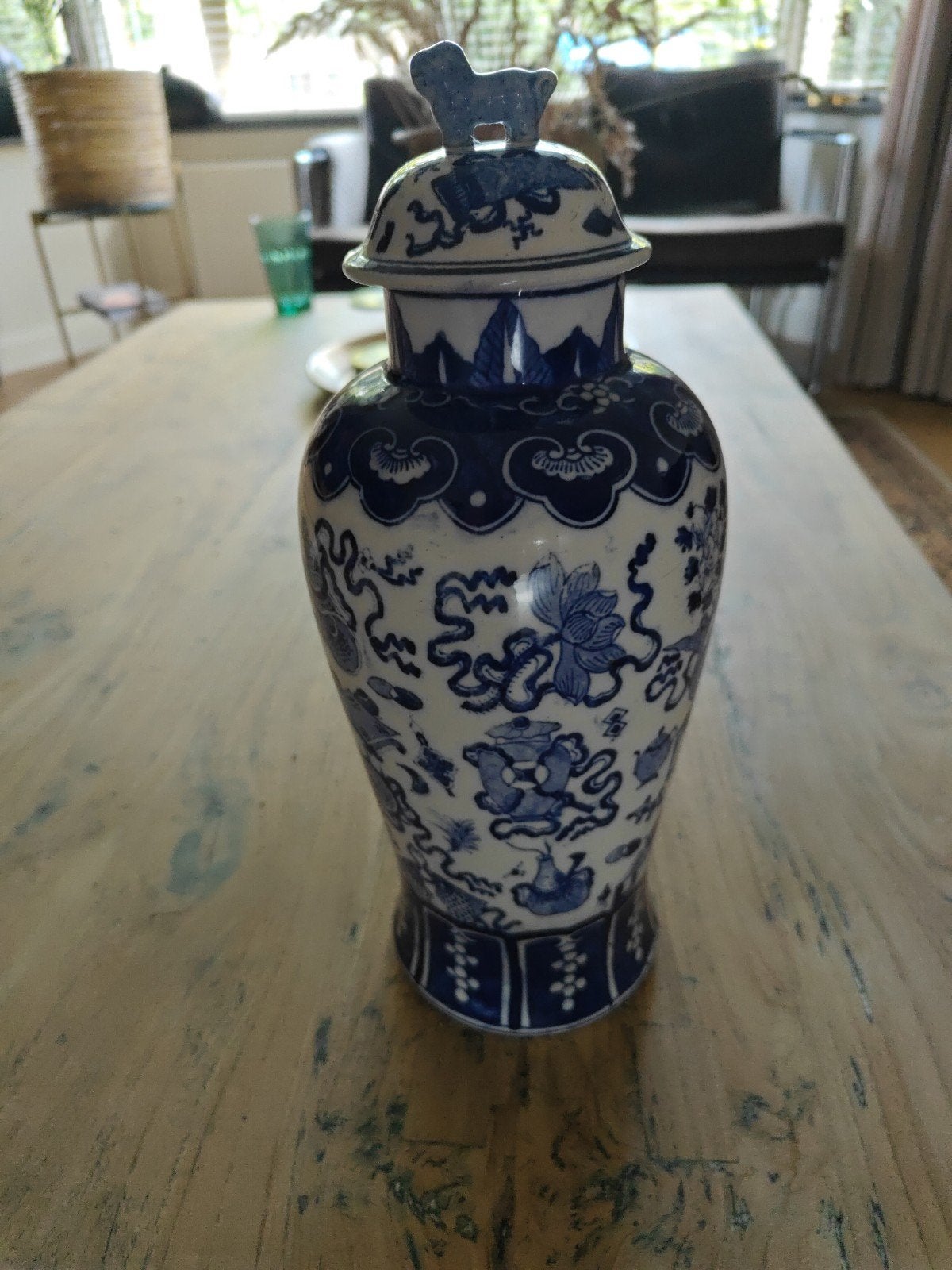 Antieke Chinese Blauw-Witte Gemberpot met Deksel, Ophalen