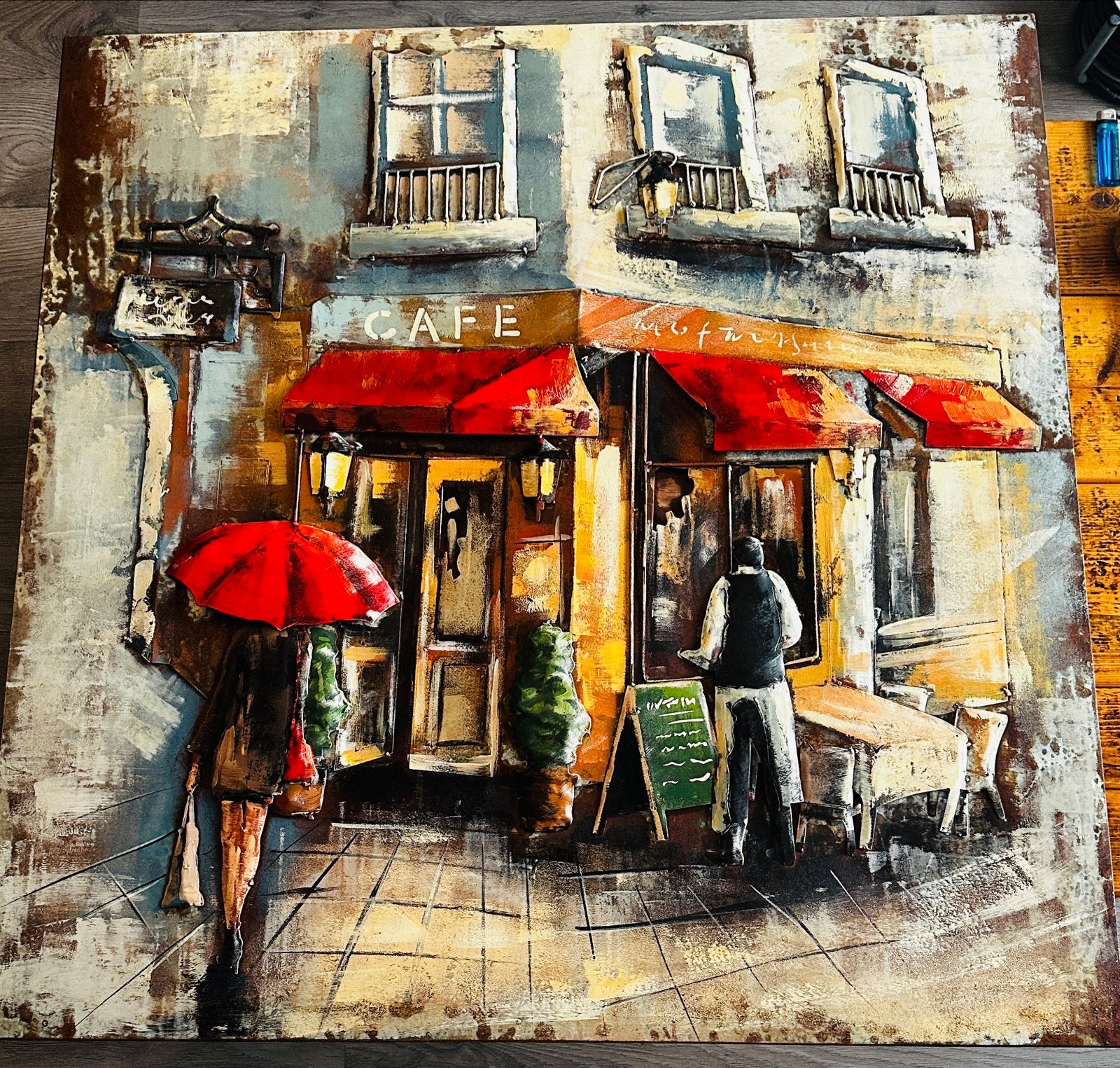 3D Metalen Schilderij: Caféscène 100 cm x 100 cm, Ophalen, 3D-effect, Gemengde techniek, Stadsgezicht