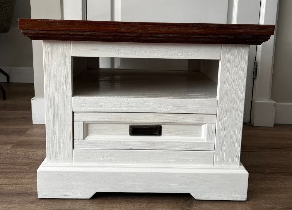Hout/wit bijzettafel met lade - Bommel Wonen, 45 tot 60 cm, Gebruikt, Vierkant, Hout