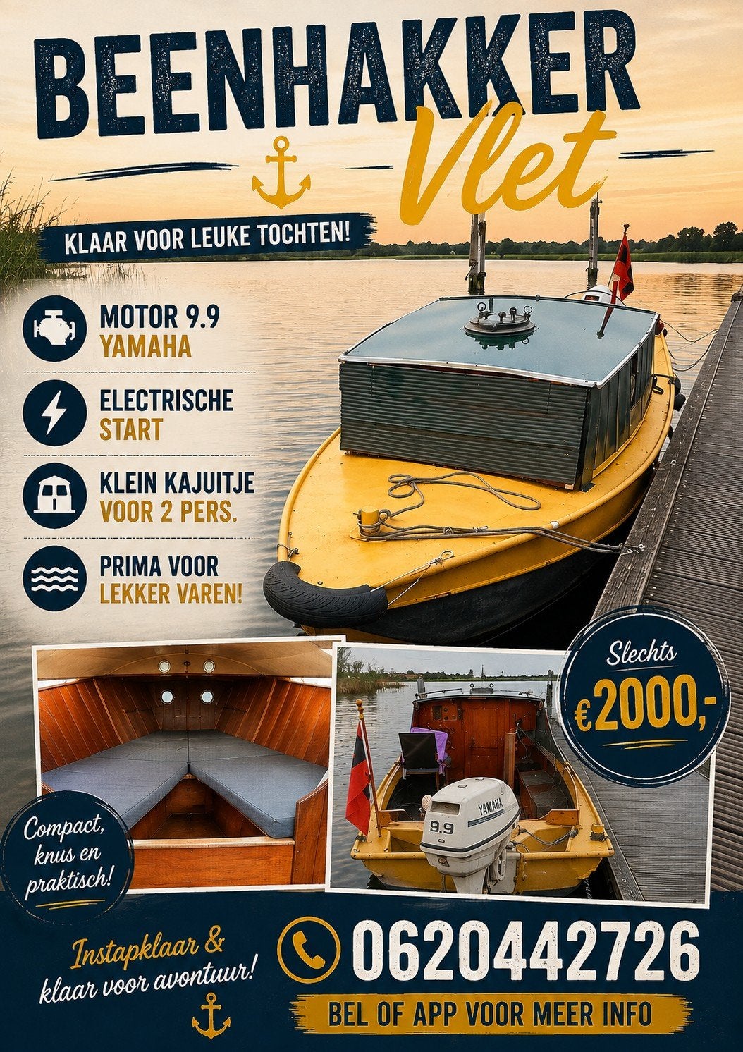 Beenhakker Vletje met Yamaha 9.9 PK motor, Watersport en Boten, Overige merken, Afdekzeil, Buitenboordmotor, Tot 1.00 meter