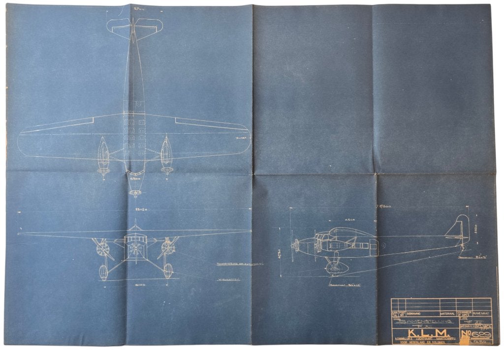 Blauwdruk KLM, Fokker F.12 F.XII samenstellingstekening 1932, Ophalen of Verzenden, Gebruikt, Kaart, Foto of Prent