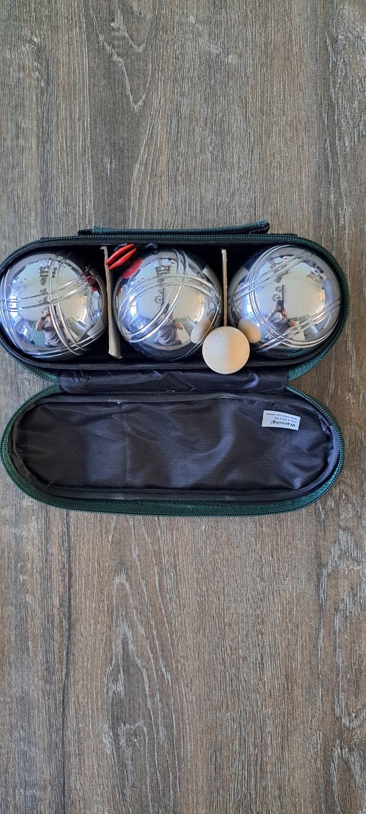 Jeu de boules set met 3 ballen en houten but in hoes, Ophalen of Verzenden, Zo goed als nieuw