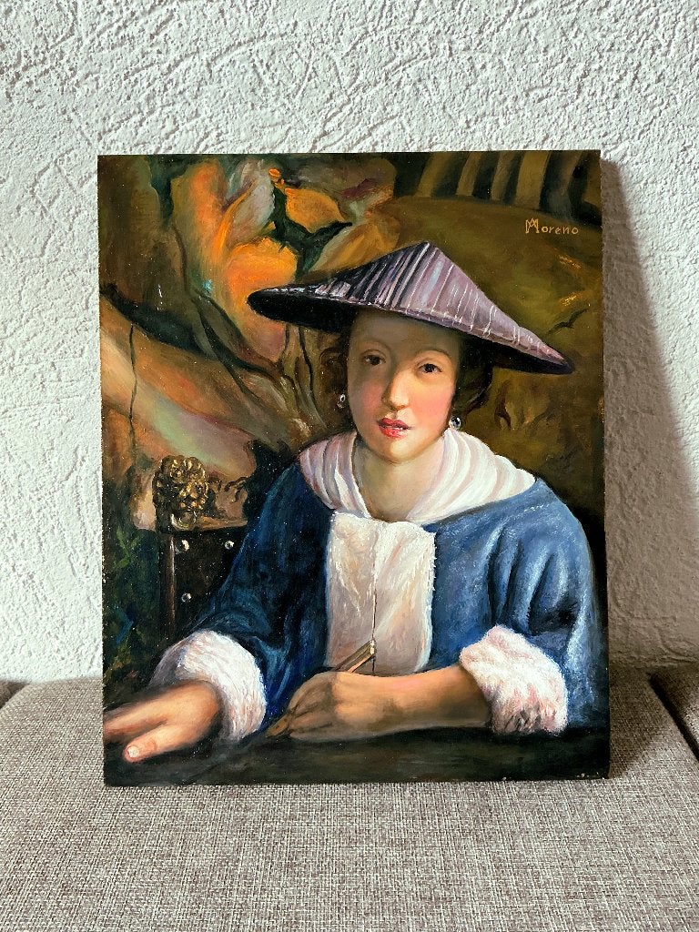 Meisje met een fluit,  Alfonso Moreno 1947., Paneel, Portret of Personen, Ophalen of Verzenden, Handgeschilderd